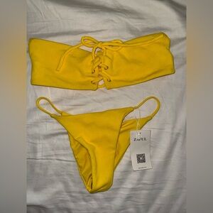 Zaful Yellow Bandeau Bikini with Lace-Up Detail